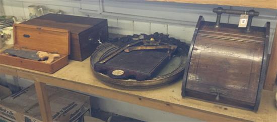 Walnut coal box, canteen box, carpentry tools in case, carved giltwood frame & a 19C mirror frame (faults)